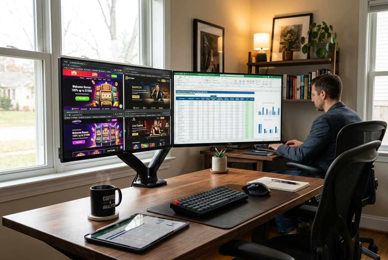 Expert reviewing online casino platforms on multiple screens.